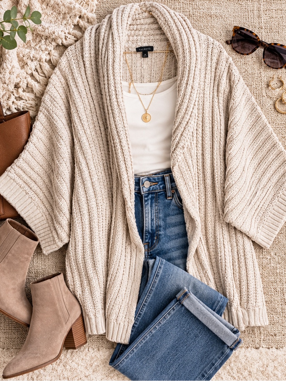 Talbots Cream Chunky Knit Cardigan M Wool Blend Kimono Sleeve Cozy Coastal